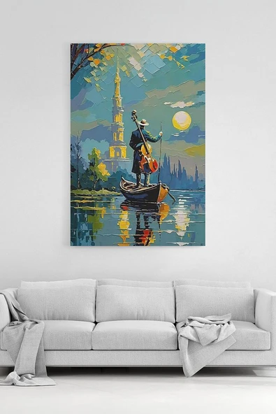 Nehirde Çello Çalan Adam Tablosu Kule ve Dolunay Manzaralı Sanat %100 Pamuklu Dekoratif Kanvas - 1