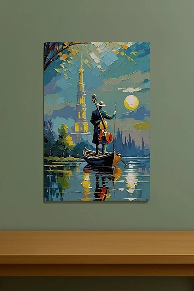 Nehirde Çello Çalan Adam Tablosu Kule ve Dolunay Manzaralı Sanat %100 Pamuklu Dekoratif Kanvas - 4