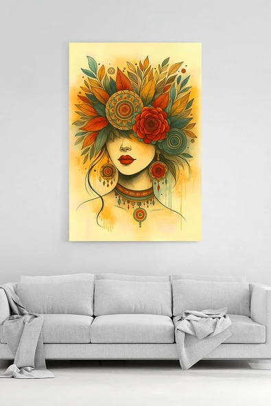 Çiçekli Kadın Portresi Kanvas Tablo Boho Şık Duvar Sanatı %100 Pamuk Dokulu Premium Baskı - 1