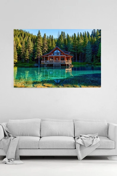 "Göl Evi Manzarası Tablosu Huzurlu ve Etkileyici Dekoratif Kanvas %100 Pamuklu Sanat Eseri - 1
