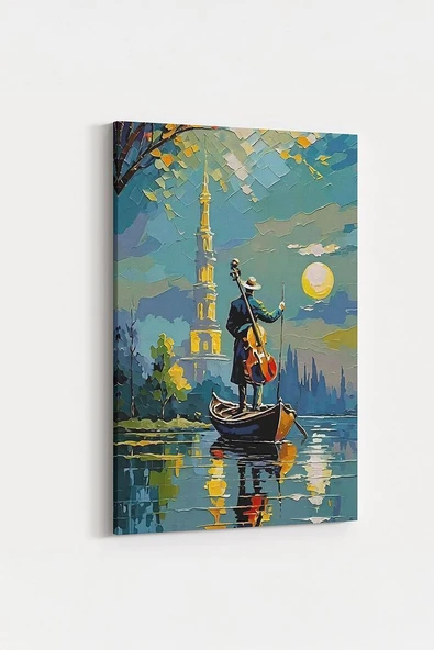 Nehirde Çello Çalan Adam Tablosu Kule ve Dolunay Manzaralı Sanat %100 Pamuklu Dekoratif Kanvas - 2