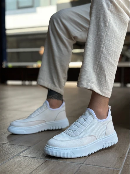 ET0911 Özel Örme Triko Deri Tozu Detaylı Beyaz Günlük Spor Ayakkabı - Resim 3