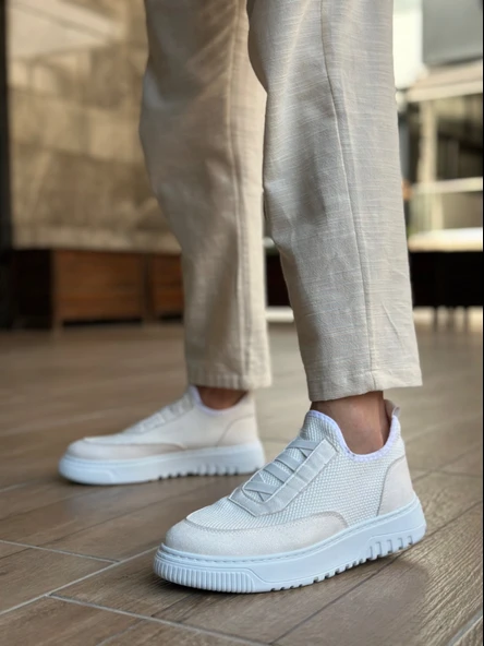 ET0911 Özel Örme Triko Deri Tozu Detaylı Beyaz Günlük Spor Ayakkabı ürün görseli