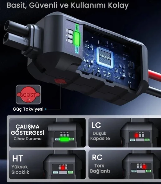 Avapow E5 Pro 12000mAh 2000A Jump Starter Taşınabilir Akü Takviye Kiti (Powerbank + LCD + LED Işık) - 6