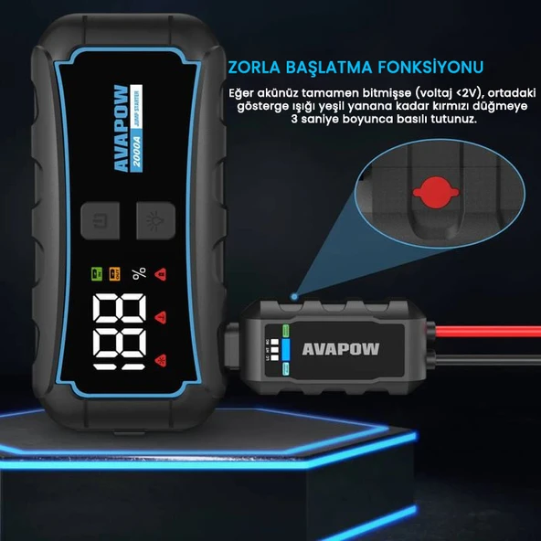 Avapow E5 Pro 12000mAh 2000A Jump Starter Taşınabilir Akü Takviye Kiti (Powerbank + LCD + LED Işık) - 2