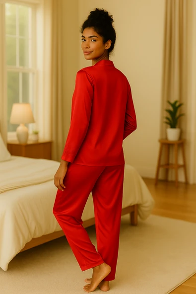 Lüks Kutulu Saten Pijama Takımı – Dantel Kollu, Uzun Kollu, Kore İpeği Dokulu, Çeyizlik Hediye Seçeneği - 3
