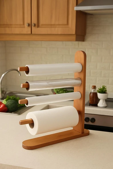 Doğal Ahşap Streç Ve Folyo Standı, Ahşap Streçlik Ve Folyoluk 4 Bölmeli Mutfak Organizer