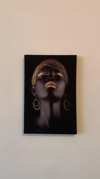 Siyahi Kadın Portreli Natürel Tasarım Ahşap Çerçeve Ev İşyeri Ofis Duvar Kanvas Tablo PRT1 ürün görseli