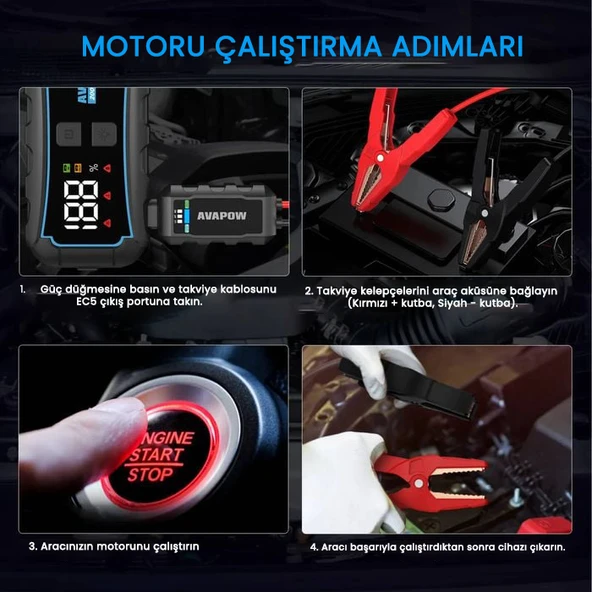 Avapow E5 Pro 12000mAh 2000A Jump Starter Taşınabilir Akü Takviye Kiti (Powerbank + LCD + LED Işık) - 4