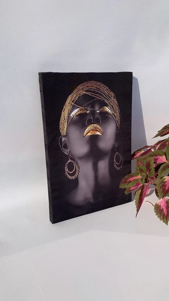 Siyahi Kadın Portreli Natürel Tasarım Ahşap Çerçeve Ev İşyeri Ofis Duvar Kanvas Tablo PRT1 - Resim 3