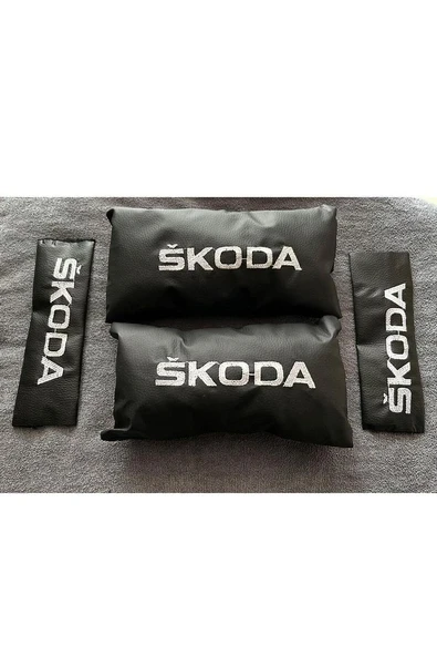 Skoda Super B Octiva Scala Uyumlu Skoda Nakışlı Deri 1 Çift Boyun Yastık Ve 1 Çift Kemer Pedi ürün görseli
