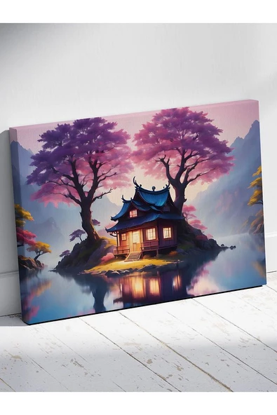 Sakura Ağaçları Altında Göl Evi Tablosu Mor ve Pembe Tonlarda Huzurlu Peyzaj %100 Pamuk Kanvas - 3