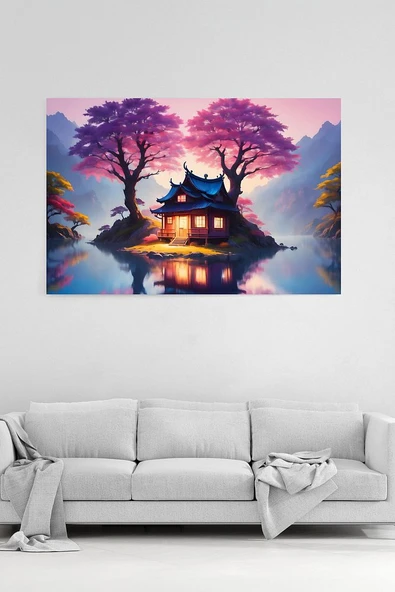 Sakura Ağaçları Altında Göl Evi Tablosu Mor ve Pembe Tonlarda Huzurlu Peyzaj %100 Pamuk Kanvas - 1