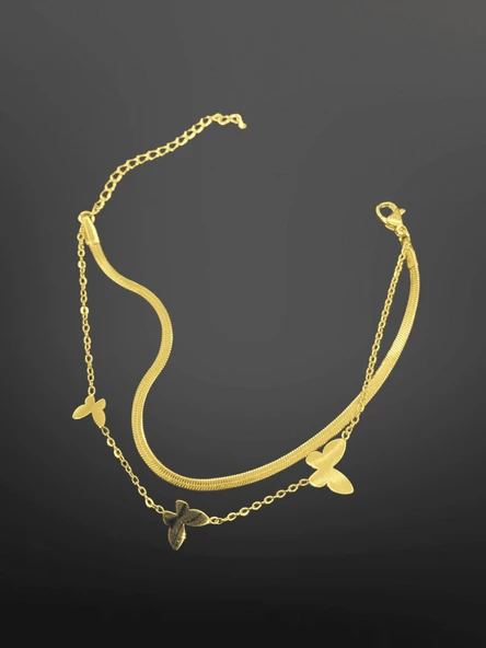 Kelebek Figürlü 316L Çelik Gold Renk Bileklik | Çift Sıralı Zarif El Yapımı Takı ürün görseli 1