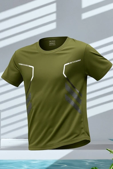 Erkek Spor Tişört Antreman Gym Polyester Erkek Sporcu T-shirt ŞERİTLİ-TİŞÖRT - 1