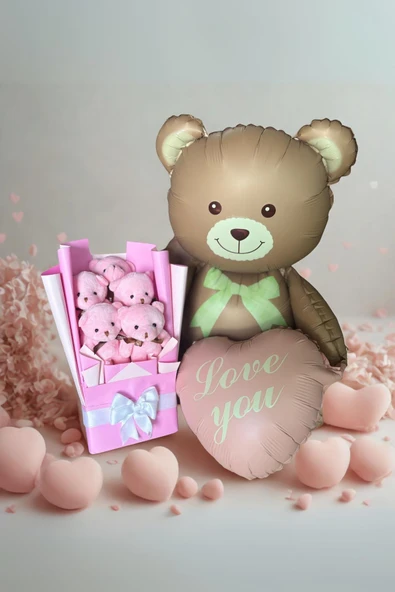 Kalpli Ayıcık ile Pembe Peluş Ayıcık Buketi – Özel Hediye Seti - Resim 6