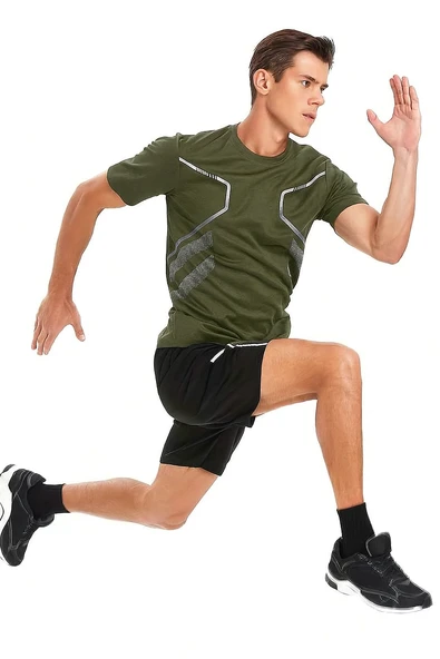 Erkek Spor Tişört Antreman Gym Polyester Erkek Sporcu T-shirt ŞERİTLİ-TİŞÖRT - 3