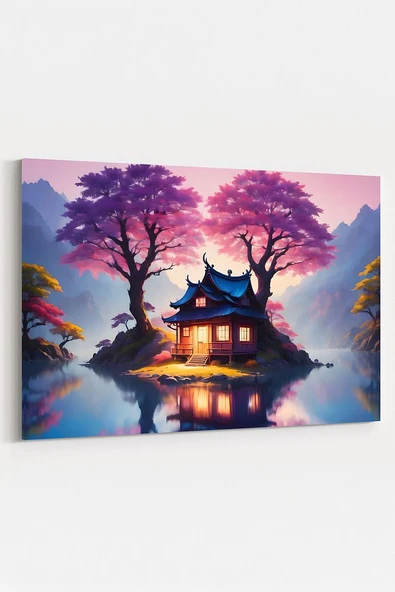 Sakura Ağaçları Altında Göl Evi Tablosu Mor ve Pembe Tonlarda Huzurlu Peyzaj %100 Pamuk Kanvas - 2