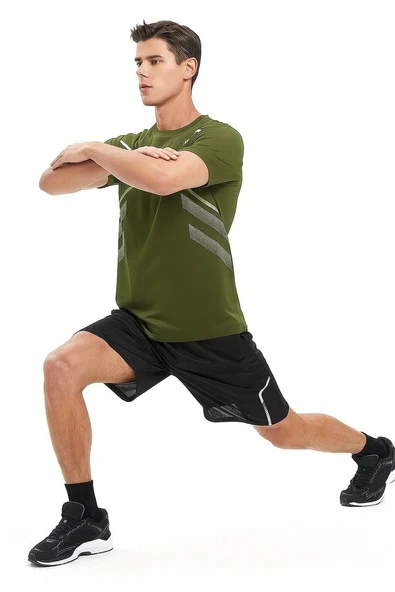 Erkek Spor Tişört Antreman Gym Polyester Erkek Sporcu T-shirt ŞERİTLİ-TİŞÖRT - 4