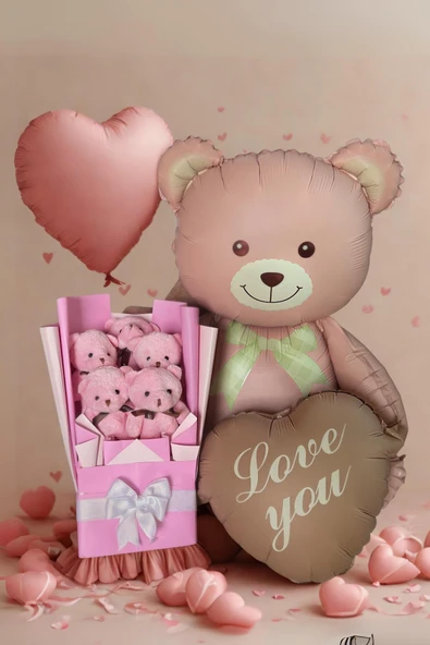 Kalpli Ayıcık ile Pembe Peluş Ayıcık Buketi – Özel Hediye Seti - Resim 2