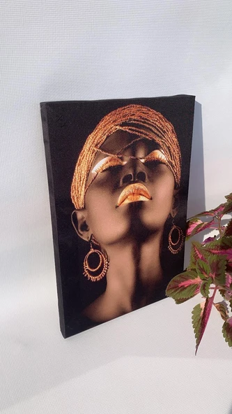 Siyahi Kadın Portreli Natürel Tasarım Ahşap Çerçeve Ev İşyeri Ofis Duvar Kanvas Tablo PRT2 - Resim 4