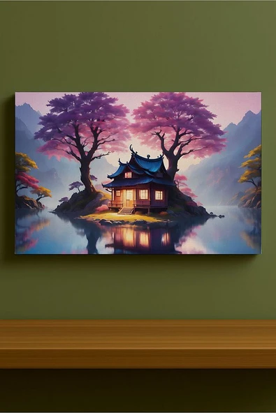 Sakura Ağaçları Altında Göl Evi Tablosu Mor ve Pembe Tonlarda Huzurlu Peyzaj %100 Pamuk Kanvas - 4