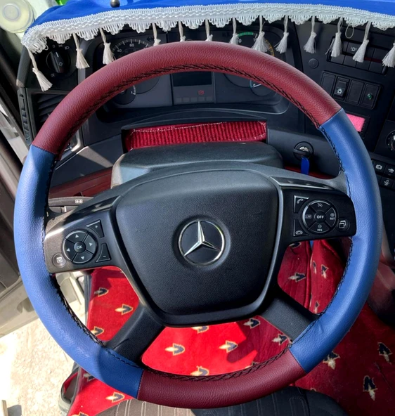 DİKİŞLİ DİREKSİYON KILIFI BORDO DERİ MAVİ DERİ SİYAH DİKİŞLİ MERCEDES TIR KAMYON İÇİN ürün görseli