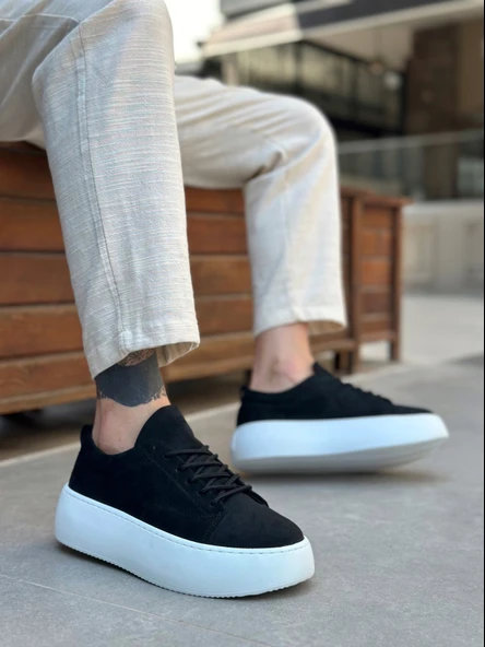 Pabucmarketi Bağcıklı Yüksek Taban Erkek Spor Ayakkabı SİYAH SÜET (BEYAZ TABAN) ürün görseli