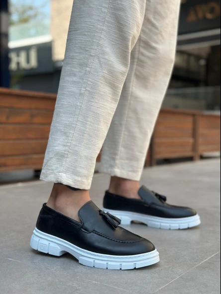 Pabucmarketi Püsküllü Erkek Casual Ayakkabı SİYAH (BEYAZ TABAN) - Resim 3