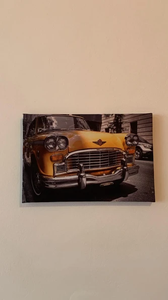 Sarı Araba Temalı Natürel Tasarım Ahşap Çerçeve Ev İşyeri Ofis Duvar Kanvas Tablo ARB2 - Resim 3