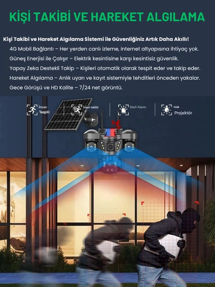 RX66G Solar Güvenlik Kamerası Türkçe 4G Sim Kartlı PTZ Hareketli Gece Görüşlü Güneş Panelli Kamera - 2