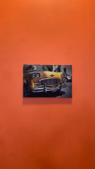 Sarı Araba Temalı Natürel Tasarım Ahşap Çerçeve Ev İşyeri Ofis Duvar Kanvas Tablo ARB2 - Resim 2