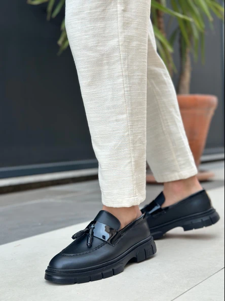 Pabucmarketi Püsküllü Kemer Detaylı Erkek Casual Ayakkabı SİYAH (SİYAH TABAN) - Resim 2