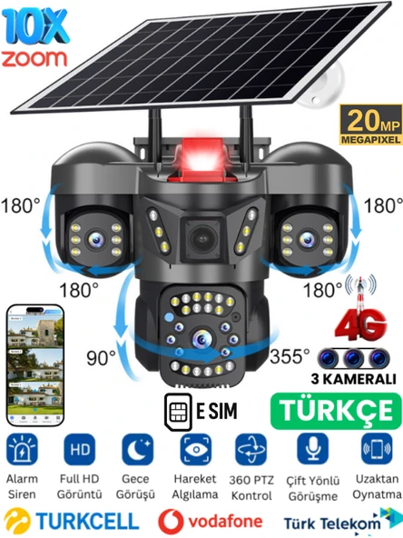 RX66G Solar Güvenlik Kamerası Türkçe 4G Sim Kartlı PTZ Hareketli Gece Görüşlü Güneş Panelli Kamera