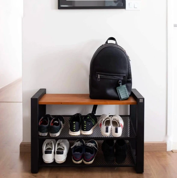 "Endüstriyel Ayakkabılık - Çelik ve masif ahşap - Raflı Ayakkabılık – Metal Ahşap Oturaklı Bank – Ayakkabılık Kapı Önü Oturak - 3