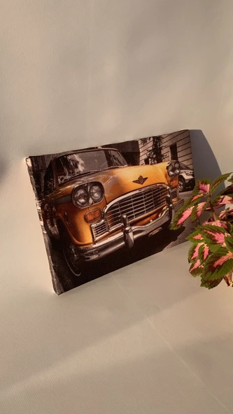 Sarı Araba Temalı Natürel Tasarım Ahşap Çerçeve Ev İşyeri Ofis Duvar Kanvas Tablo ARB2 - Resim 5