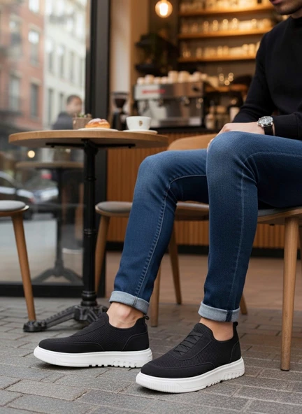 Pabucmarketi Bağcıksız Lastik Detaylı Triko Erkek Hi Sneaker SİYAH (BEYAZ TABAN) - Resim 3