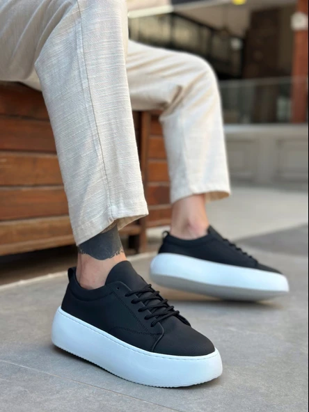 Pabucmarketi Bağcıklı Yüksek Taban Erkek Spor Ayakkabı SİYAH (BEYAZ TABAN) ürün görseli