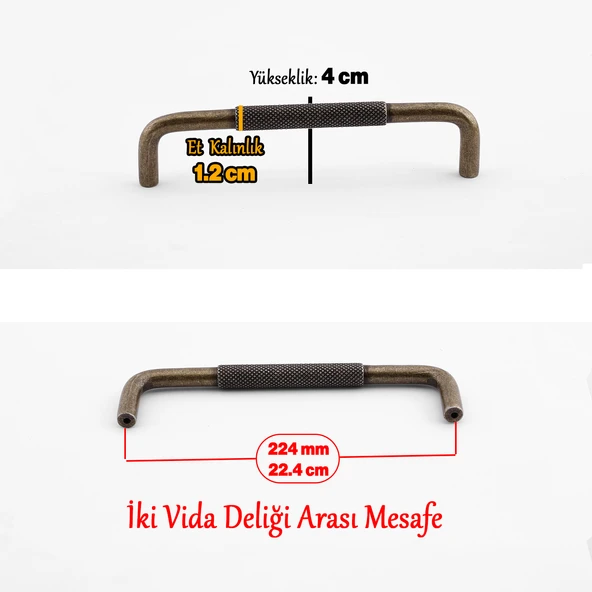 Uber Tırtıklı Antik Sarı Metal Kulp 224 mm 22.4 cm Mobilya Çekmece Mutfak Dolabı Dolap Modern Kapak - Resim 2