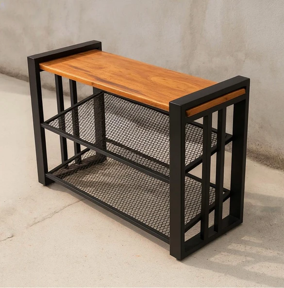"Endüstriyel Ayakkabılık - Çelik ve masif ahşap - Raflı Ayakkabılık – Metal Ahşap Oturaklı Bank – Ayakkabılık Kapı Önü Oturak - 4