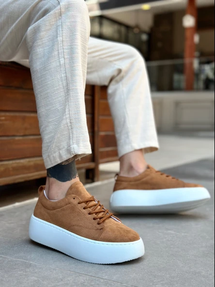 Pabucmarketi Bağcıklı Yüksek Taban Erkek Spor Ayakkabı TABA SÜET (BEYAZ TABAN) ürün görseli