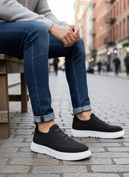 Pabucmarketi Bağcıksız Lastik Detaylı Triko Erkek Hi Sneaker SİYAH (BEYAZ TABAN) ürün görseli