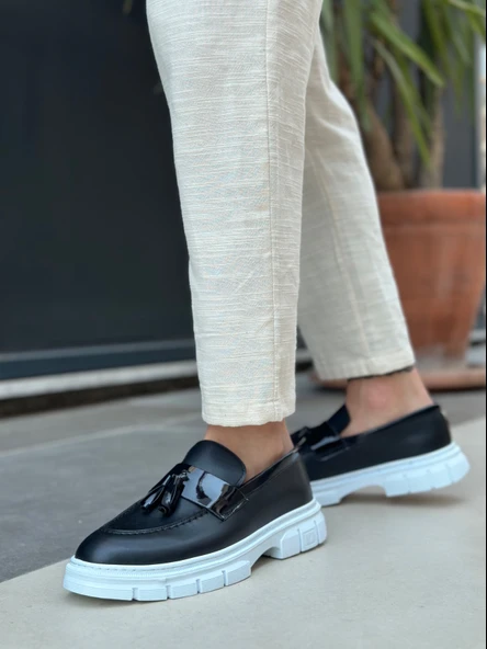 Pabucmarketi Püsküllü Kemer Detaylı Erkek Casual Ayakkabı SİYAH (BEYAZ TABAN) - Resim 2