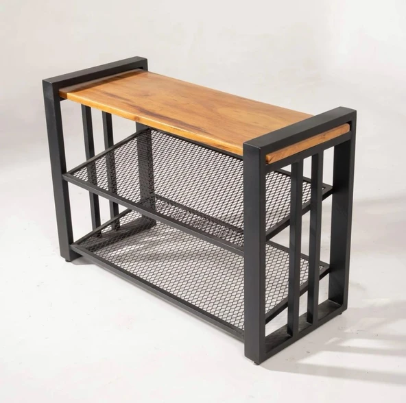 "Endüstriyel Ayakkabılık - Çelik ve masif ahşap - Raflı Ayakkabılık – Metal Ahşap Oturaklı Bank – Ayakkabılık Kapı Önü Oturak