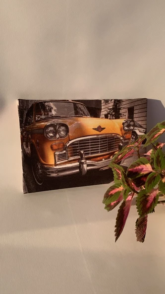 Sarı Araba Temalı Natürel Tasarım Ahşap Çerçeve Ev İşyeri Ofis Duvar Kanvas Tablo ARB2 - Resim 4