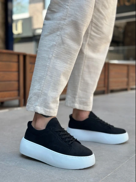 Pabucmarketi Bağcıklı Yüksek Taban Erkek Spor Ayakkabı SİYAH SÜET (BEYAZ TABAN) - Resim 3