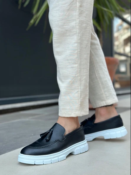 Pabucmarketi Püsküllü Erkek Casual Ayakkabı SİYAH (BEYAZ TABAN) - Resim 2