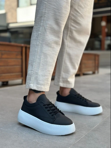 Pabucmarketi Bağcıklı Yüksek Taban Erkek Spor Ayakkabı SİYAH (BEYAZ TABAN) - Resim 3