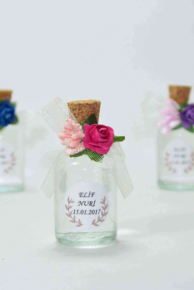 25 Adet Çiçekli Hediyelik Kolonya Şişesi, Nikah Şekeri, Bebek Şekeri - Şeffaf Pembe
