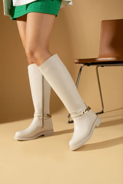 Pembe Potin Zincir Detaylı Fermuarlı Diz Altı Kadın Çizme 001-5181-23 - Resim 4